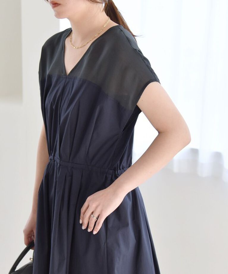 quaranciel「quaranciel :〈洗濯機可能〉シアー ドッキング Vネック フレンチスリーブ ワンピース」|ワンピース|