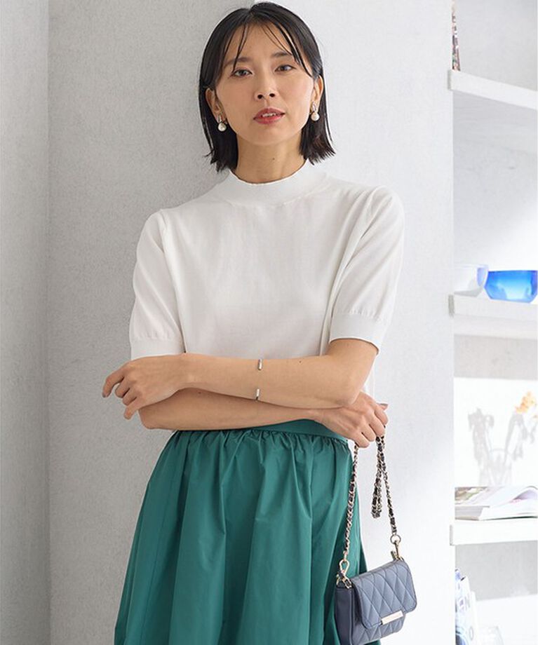 23区「【Oggi4月号掲載/洗える】プレミアムビオコットン 半袖 ニット」|カーディガン|ホワイト系