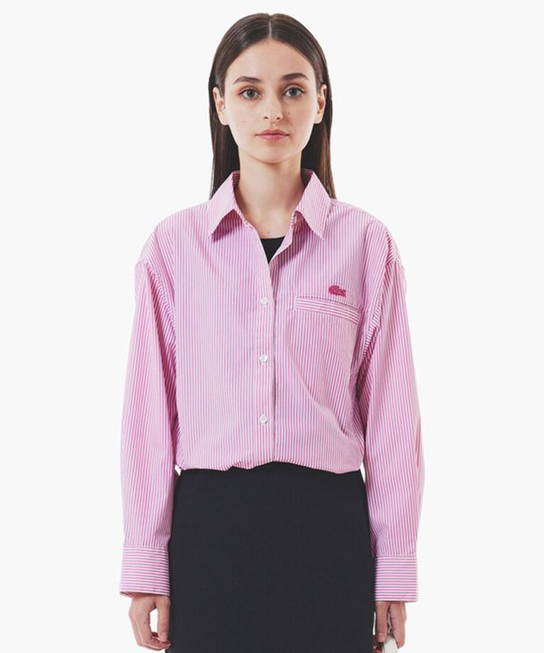 LACOSTE「ショート&ワイドクロップド バルーンスリーブ ストライプシャツ」|シャツ・ブラウス|ピンク