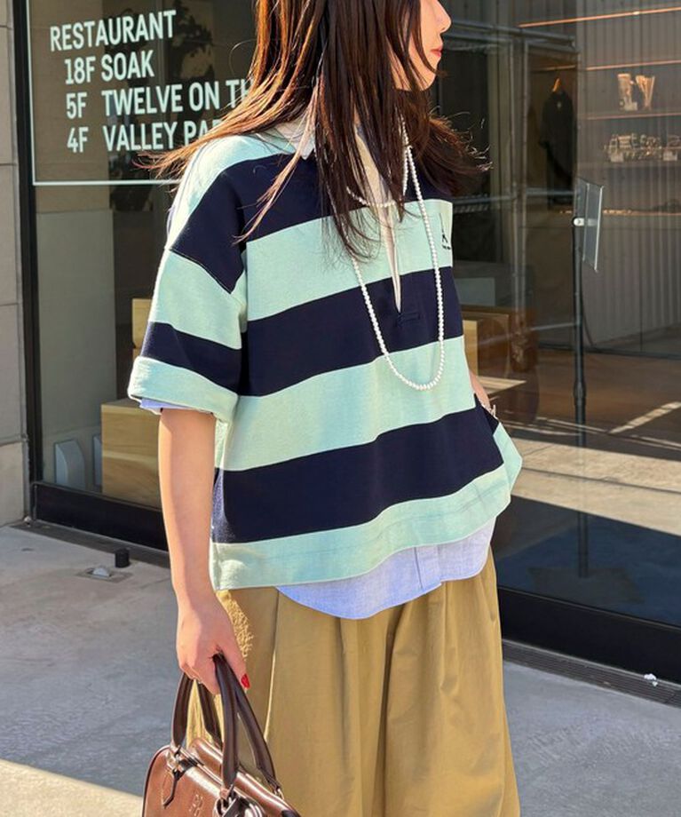 fredy emue「ワンポイント刺繍半袖ラガーシャツ」|Tシャツ・カットソー|グリーン系その他