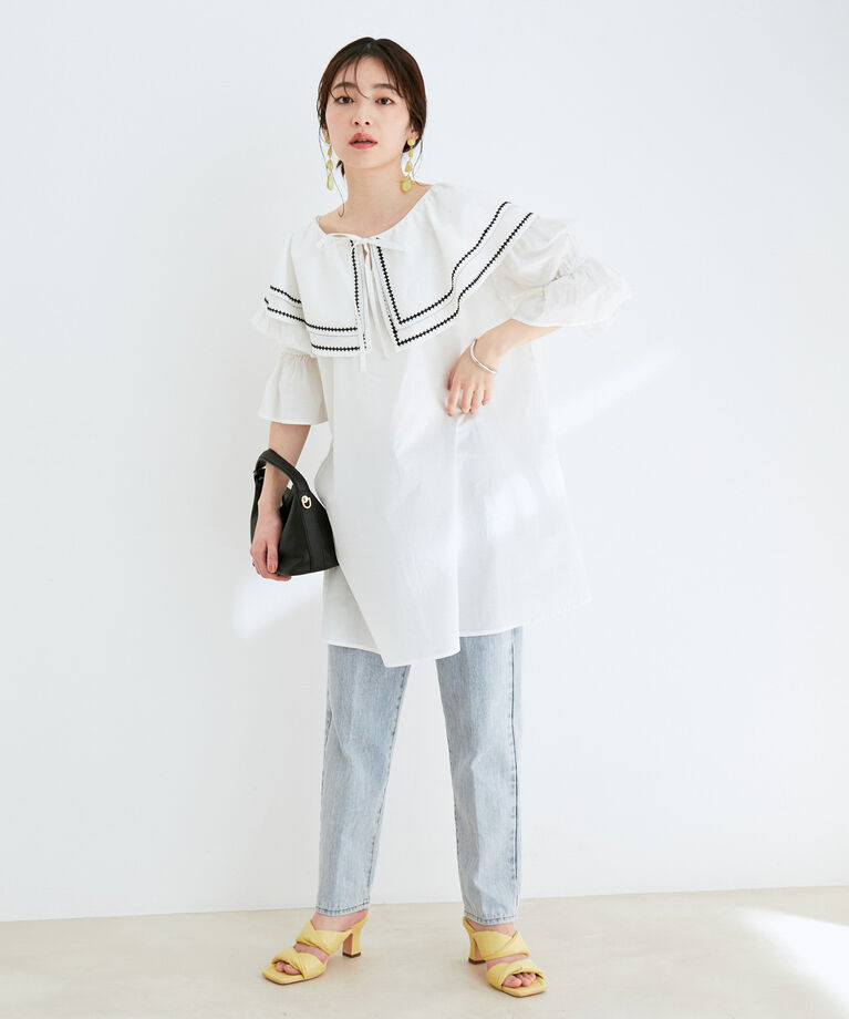 VIS「ビックカラー刺繍チュニックブラウス/ミニワンピース」|ワンピース|