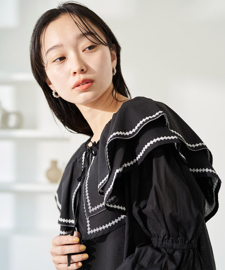 VIS「ビックカラー刺繍チュニックブラウス/ミニワンピース」|ワンピース|
