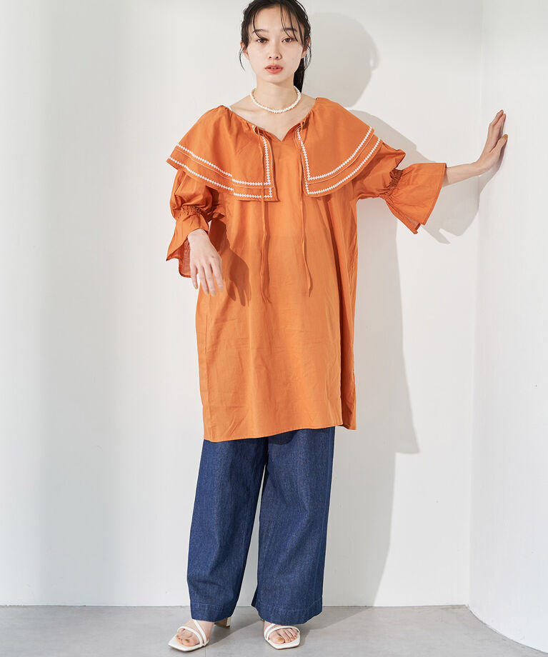 VIS「ビックカラー刺繍チュニックブラウス/ミニワンピース」|ワンピース|オレンジ(70)