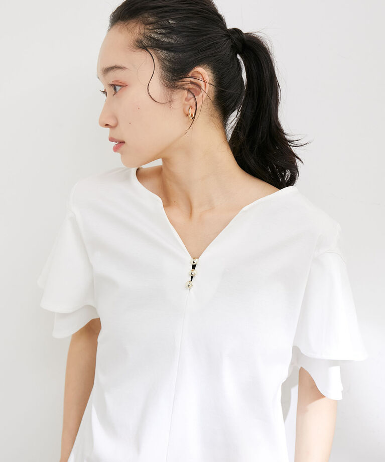 VIS「【接触冷感・洗える】キーネックフレアー袖シルケットプルオーバー」|Tシャツ・カットソー|ホワイト(10)
