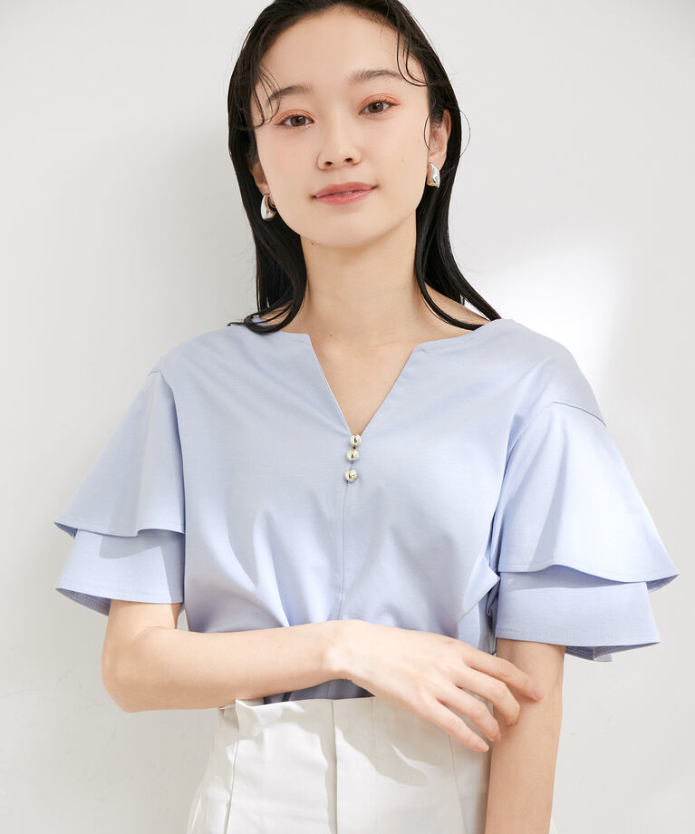 VIS「【接触冷感・洗える】キーネックフレアー袖シルケットプルオーバー」|Tシャツ・カットソー|