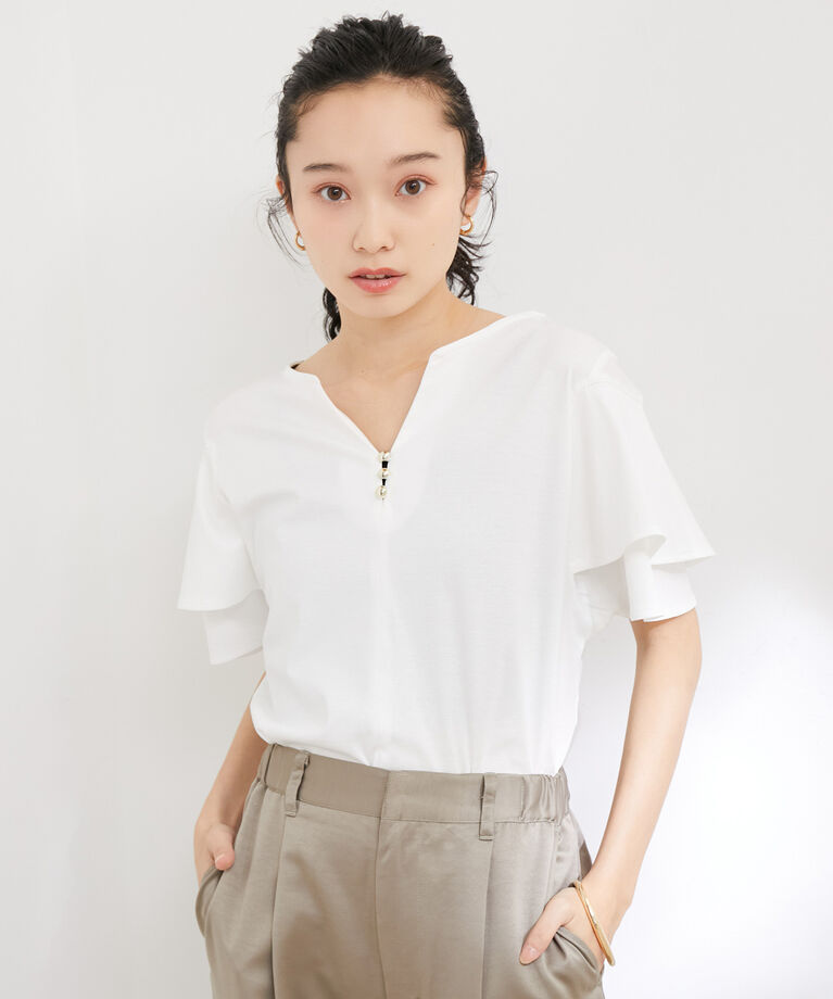 VIS「【接触冷感・洗える】キーネックフレアー袖シルケットプルオーバー」|Tシャツ・カットソー|