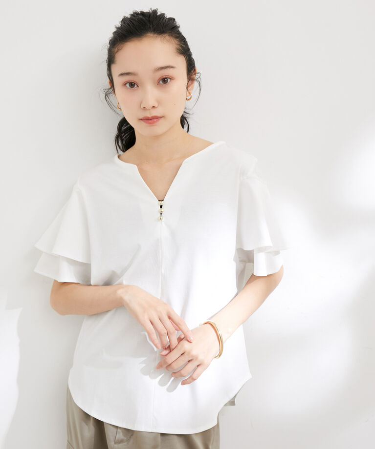VIS「【接触冷感・洗える】キーネックフレアー袖シルケットプルオーバー」|Tシャツ・カットソー|