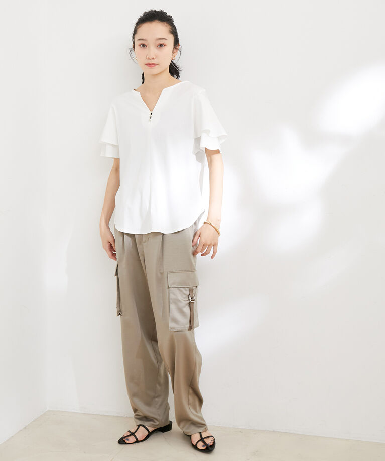 VIS「【接触冷感・洗える】キーネックフレアー袖シルケットプルオーバー」|Tシャツ・カットソー|