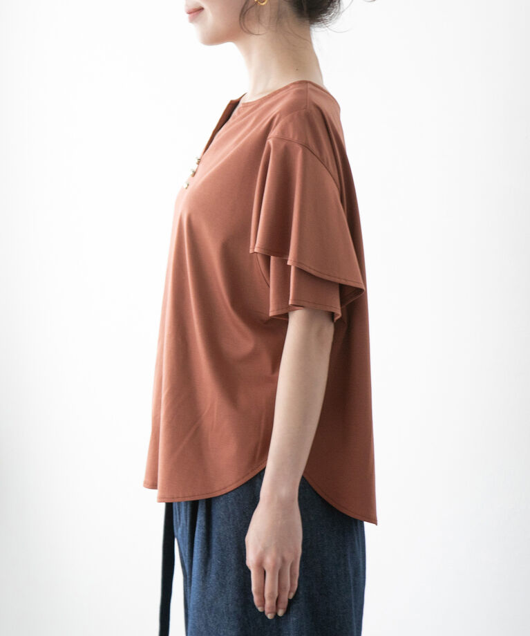 VIS「【接触冷感・洗える】キーネックフレアー袖シルケットプルオーバー」|Tシャツ・カットソー|