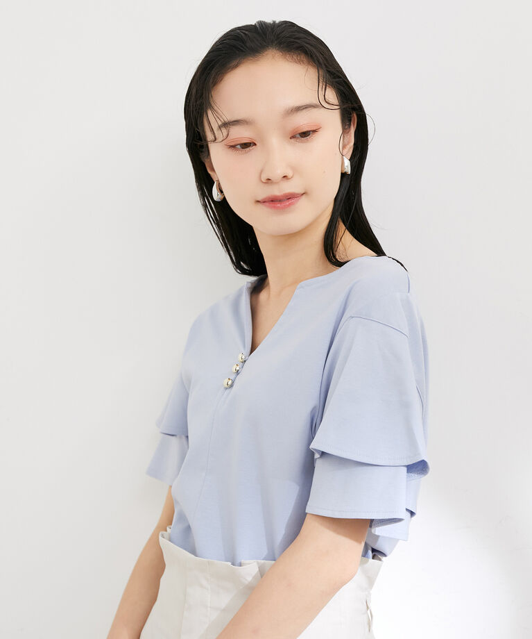 VIS「【接触冷感・洗える】キーネックフレアー袖シルケットプルオーバー」|Tシャツ・カットソー|