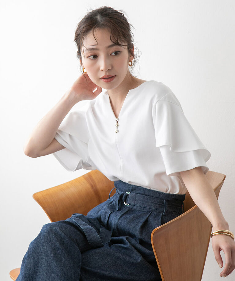 VIS「【接触冷感・洗える】キーネックフレアー袖シルケットプルオーバー」|Tシャツ・カットソー|