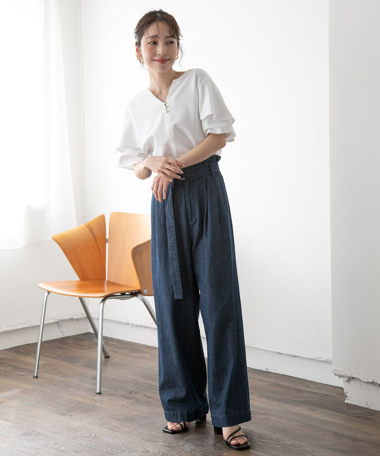 VIS「【接触冷感・洗える】キーネックフレアー袖シルケットプルオーバー」|Tシャツ・カットソー|