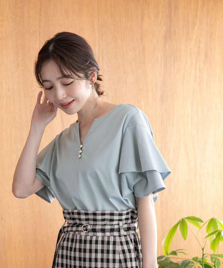 VIS「【接触冷感・洗える】キーネックフレアー袖シルケットプルオーバー」|Tシャツ・カットソー|