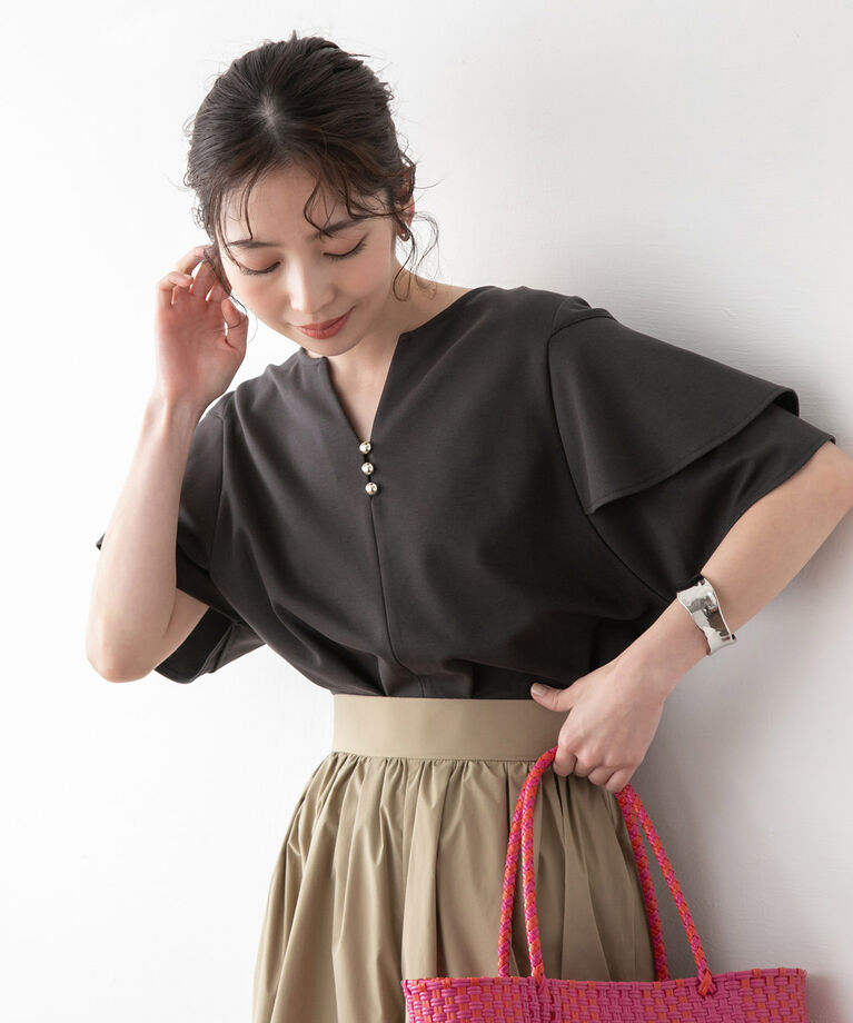 VIS「【接触冷感・洗える】キーネックフレアー袖シルケットプルオーバー」|Tシャツ・カットソー|