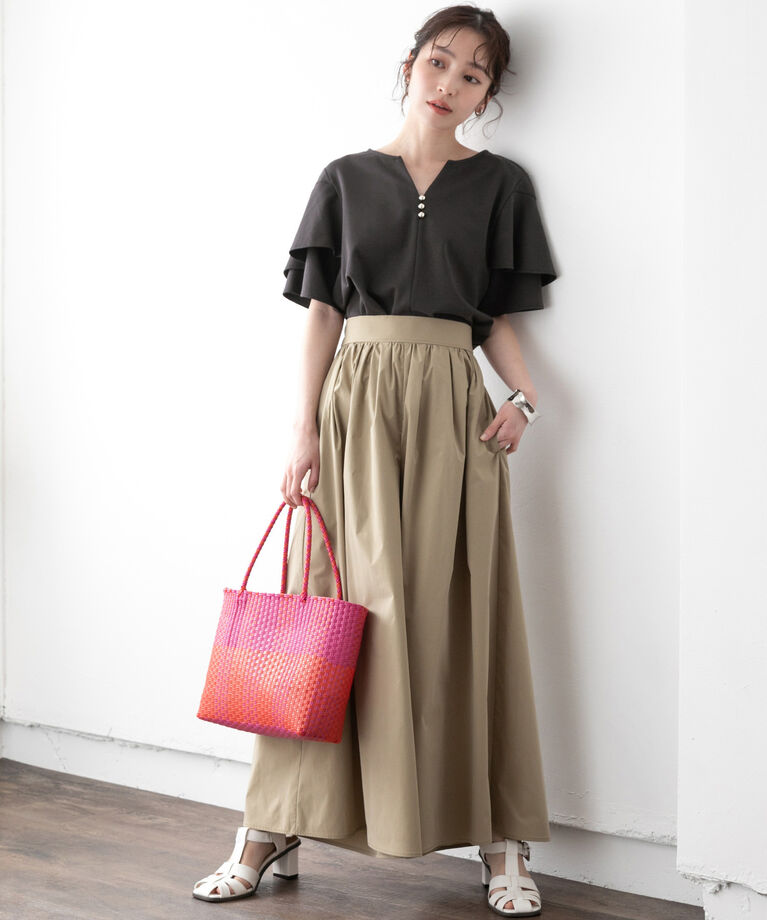 VIS「【接触冷感・洗える】キーネックフレアー袖シルケットプルオーバー」|Tシャツ・カットソー|