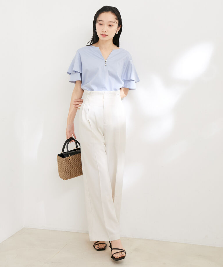 VIS「【接触冷感・洗える】キーネックフレアー袖シルケットプルオーバー」|Tシャツ・カットソー|