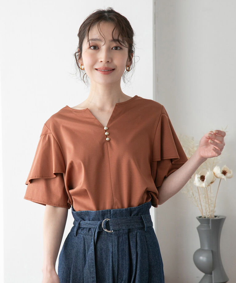 VIS「【接触冷感・洗える】キーネックフレアー袖シルケットプルオーバー」|Tシャツ・カットソー|