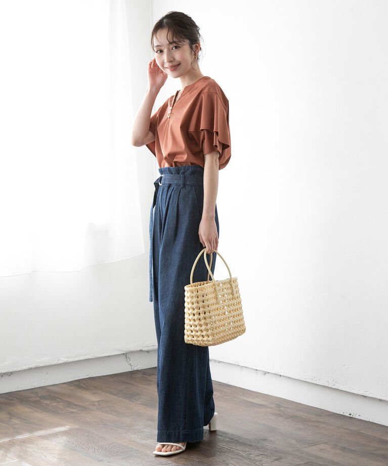 VIS「【接触冷感・洗える】キーネックフレアー袖シルケットプルオーバー」|Tシャツ・カットソー|
