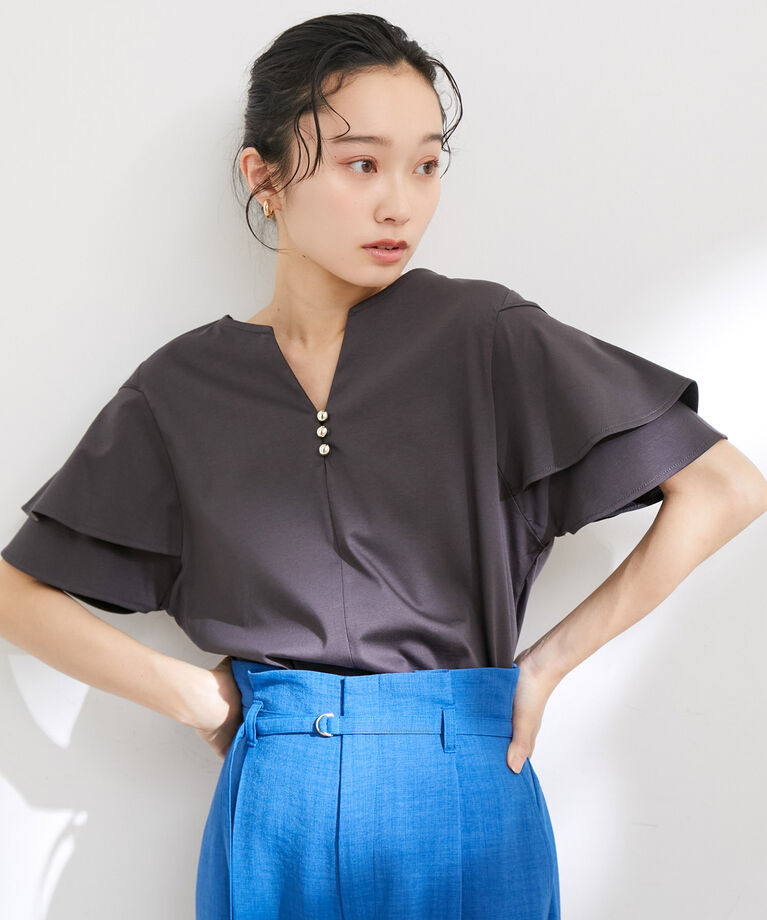 VIS「【接触冷感・洗える】キーネックフレアー袖シルケットプルオーバー」|Tシャツ・カットソー|
