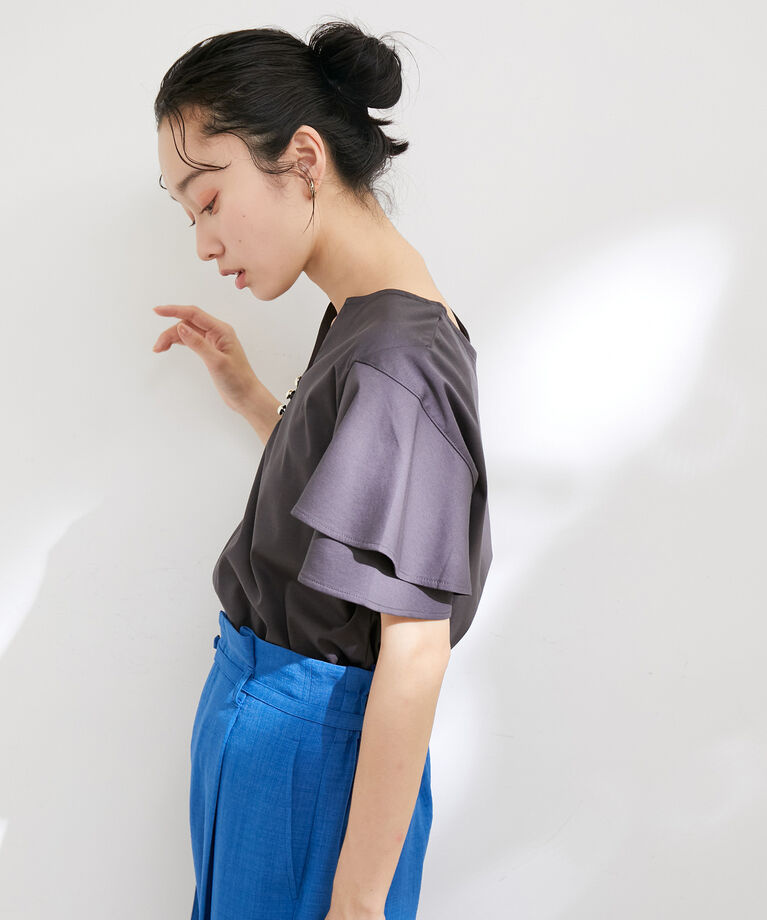 VIS「【接触冷感・洗える】キーネックフレアー袖シルケットプルオーバー」|Tシャツ・カットソー|