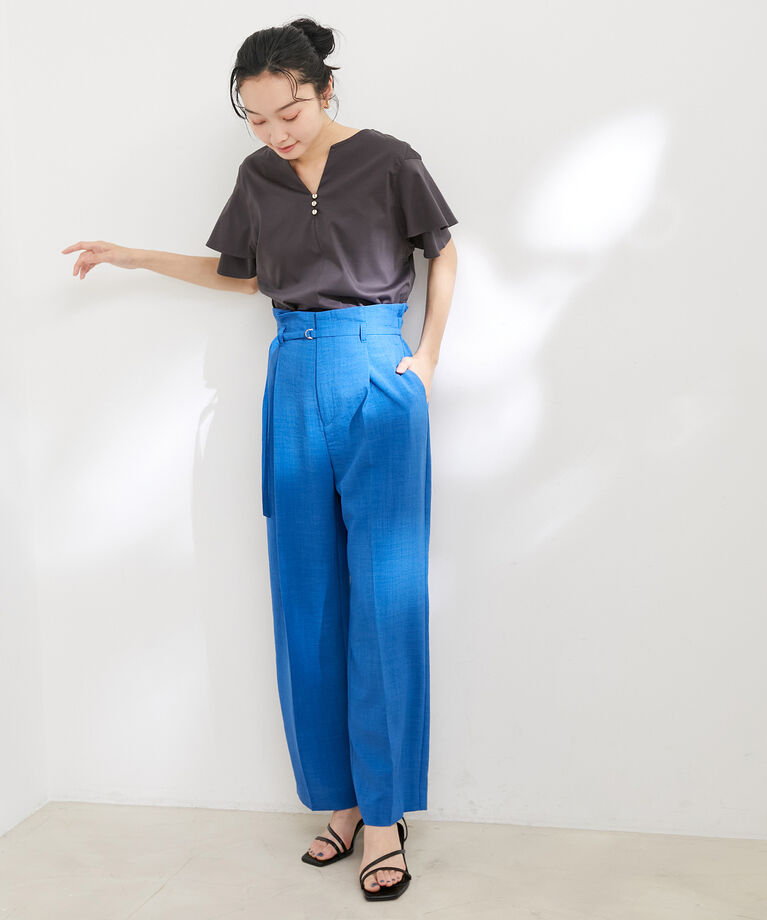 VIS「【接触冷感・洗える】キーネックフレアー袖シルケットプルオーバー」|Tシャツ・カットソー|