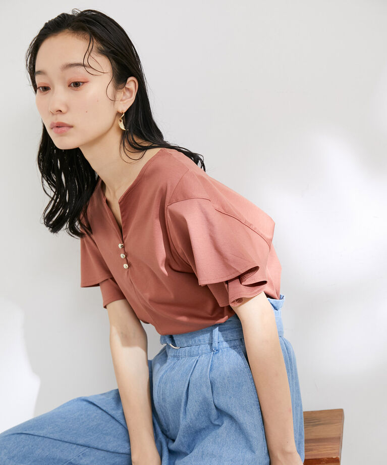 VIS「【接触冷感・洗える】キーネックフレアー袖シルケットプルオーバー」|Tシャツ・カットソー|