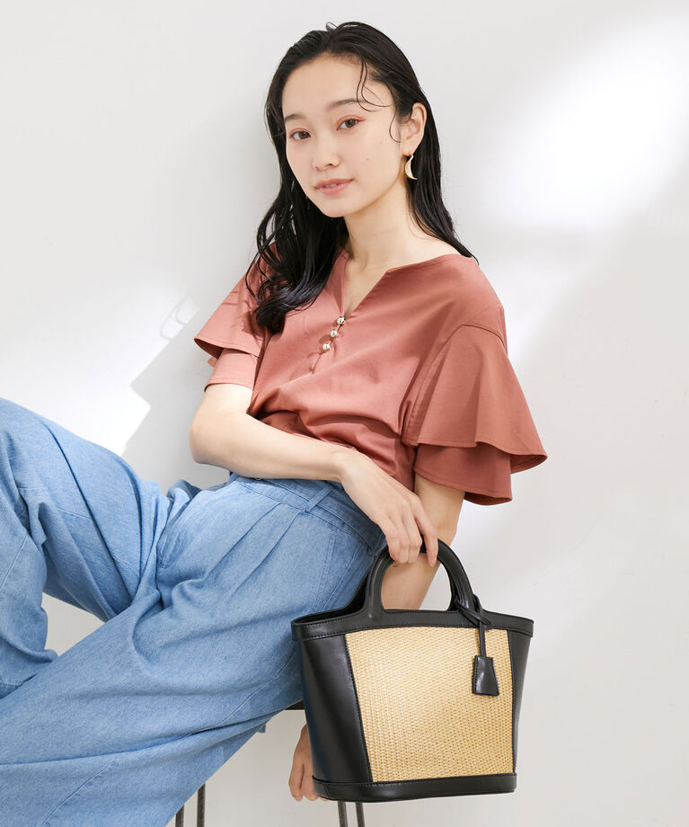 VIS「【接触冷感・洗える】キーネックフレアー袖シルケットプルオーバー」|Tシャツ・カットソー|