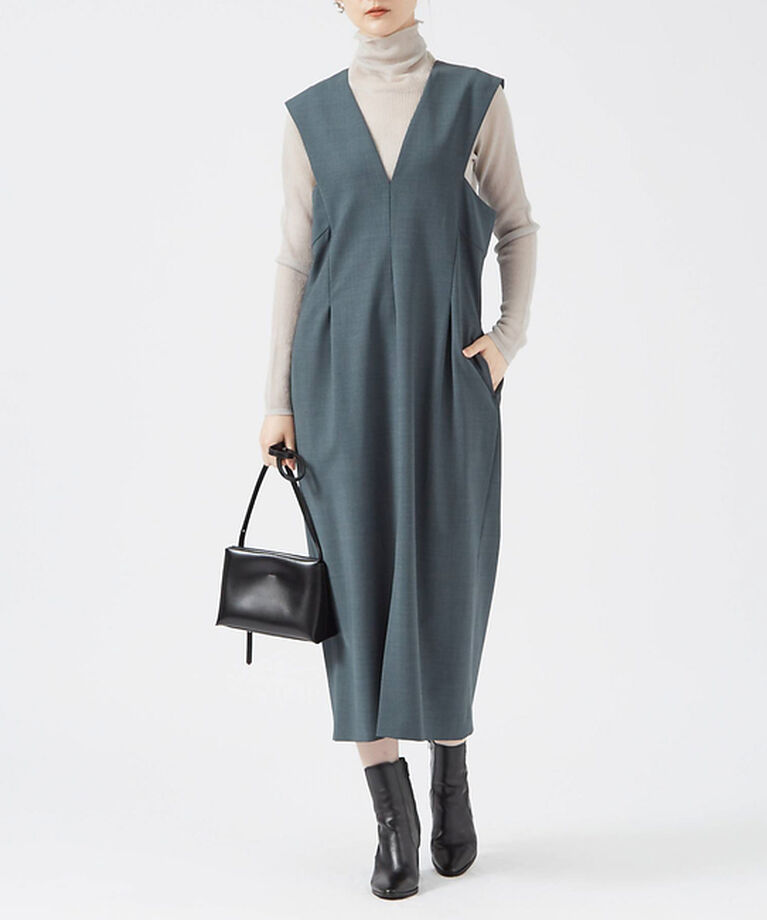 qualite「ウールトロVネックワンピース」|ワンピース|グリーン
