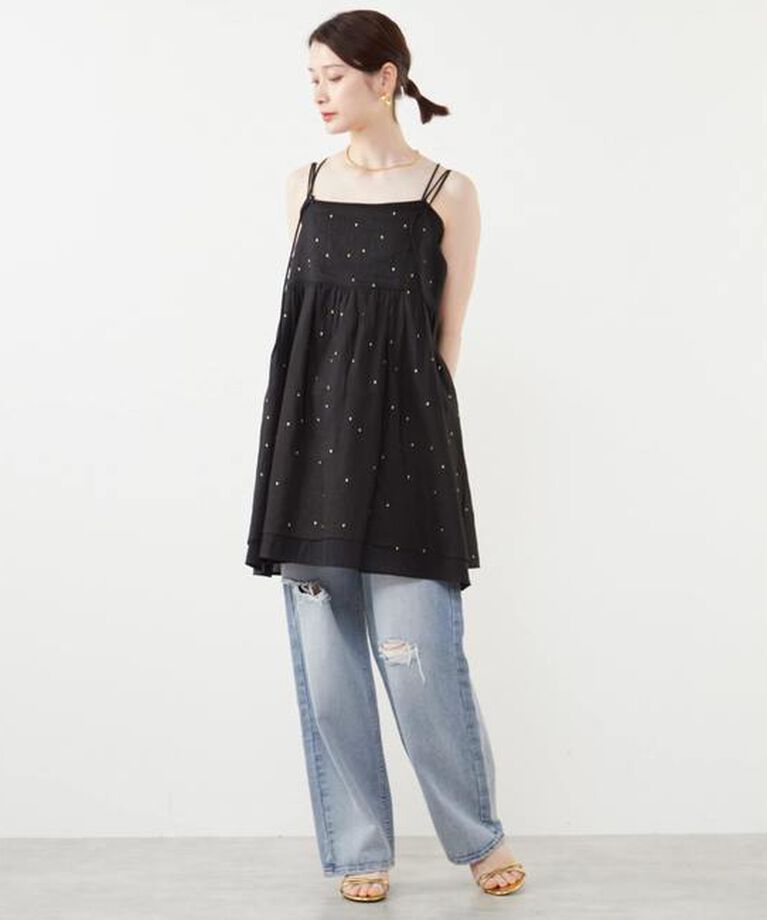 Soffitto「ドット刺繍キャミワンピース」|ワンピース|ブラック×ゴールド