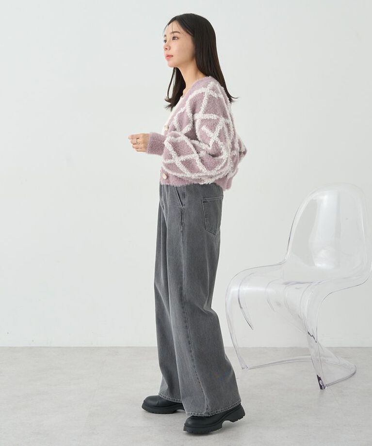 earth music&ecology「シャギーダイヤ柄ショートニットカーディガン」|カーディガン|