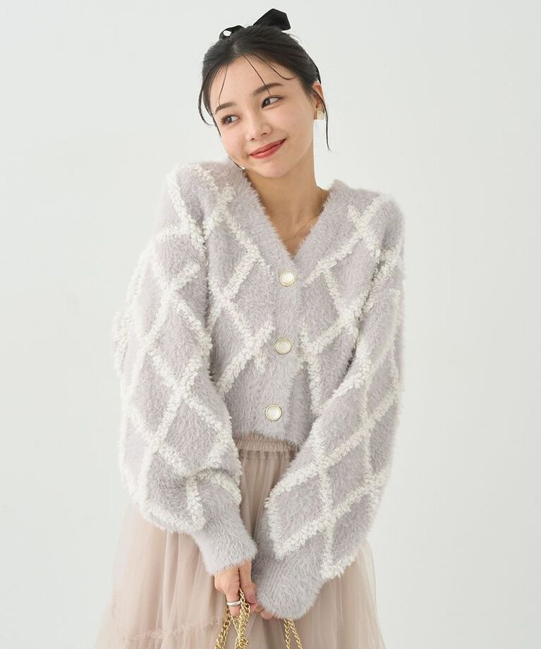 earth music&ecology「シャギーダイヤ柄ショートニットカーディガン」|カーディガン|