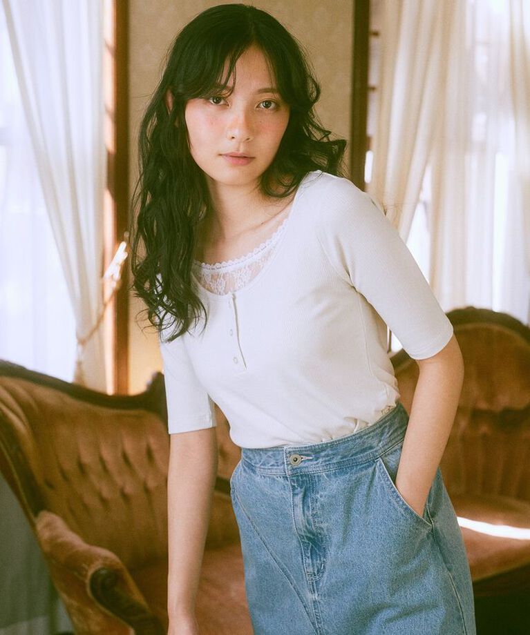 earth music&ecology「レースレイヤードリブプルオーバー」|Tシャツ・カットソー|