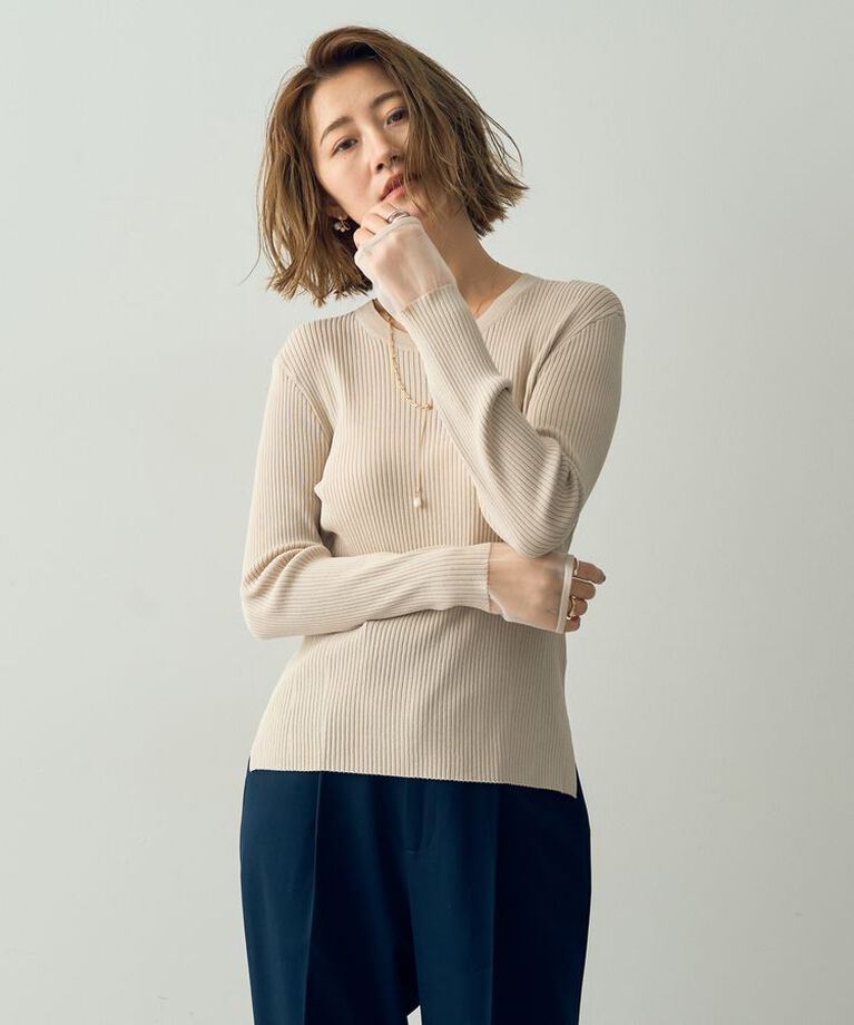 YECCA VECCA「袖口シアーリブニット」|ニット・セーター|Light beige