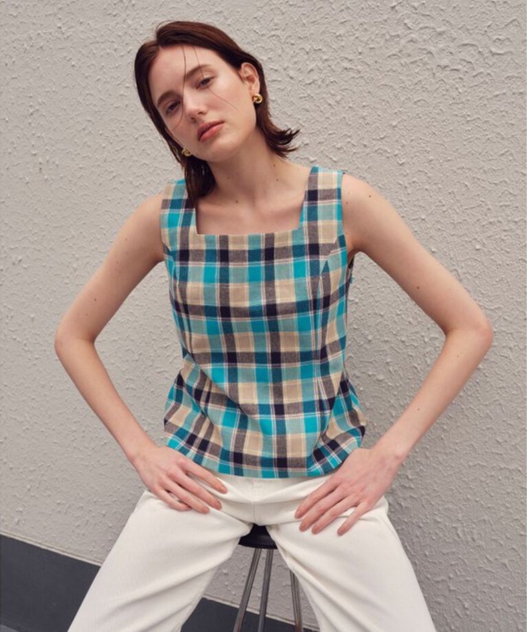 allureville「【セットアップ対応可能】チェックスクエアスリーブレスプルオーバー」|シャツ・ブラウス|グリーン
