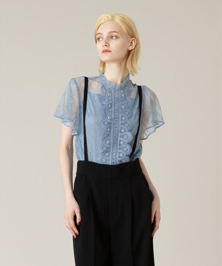 LOULOU WILLOUGHBY「【LOULOU WILLOUGHBY】レースオンレースフレア袖ブラウス」|シャツ・ブラウス|サックス