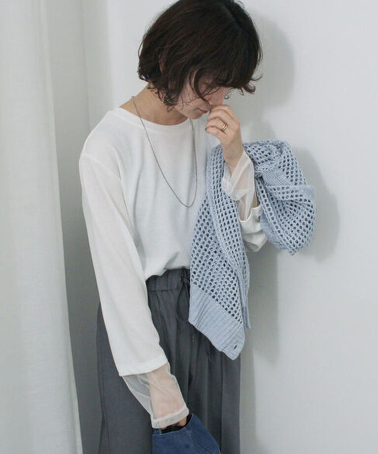 Samansa Mos2 blue「◎袖異素材テレコプルオーバー」|Tシャツ・カットソー|オフホワイト