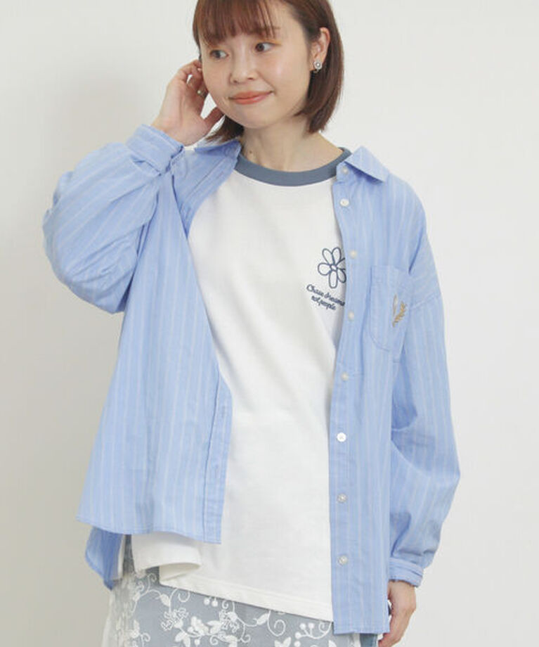 Samansa Mos2「ワッペン風刺繍入りシャツ」|シャツ・ブラウス|ブルー