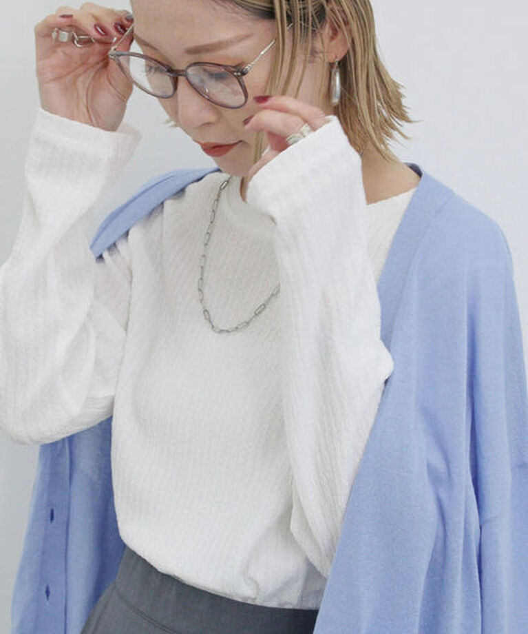 Samansa Mos2 blue「ふくれジャカードリブロンT」|Tシャツ・カットソー|