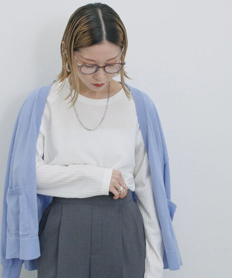 Samansa Mos2 blue「ふくれジャカードリブロンT」|Tシャツ・カットソー|