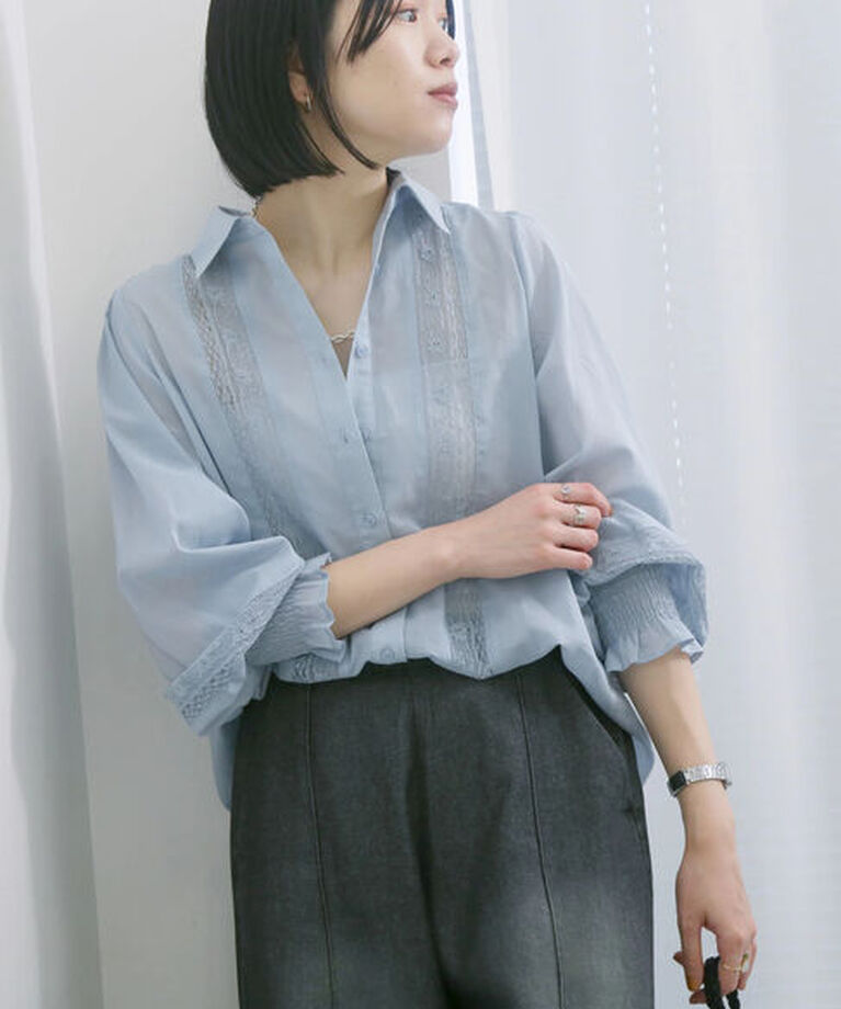 Samansa Mos2 blue「◎レースシアーブラウス」|シャツ・ブラウス|