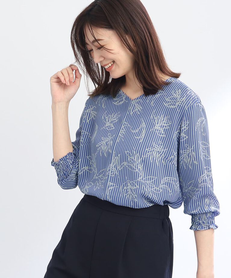 Reflect「【SALE／WEB限定カラーあり／接触冷感／洗える】ストライプ×リーフ柄ブラウス」|シャツ・ブラウス|