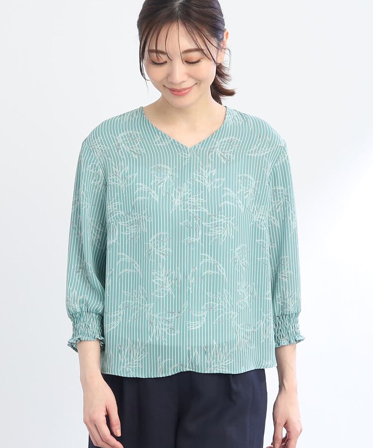 Reflect「【SALE／WEB限定カラーあり／接触冷感／洗える】ストライプ×リーフ柄ブラウス」|シャツ・ブラウス|