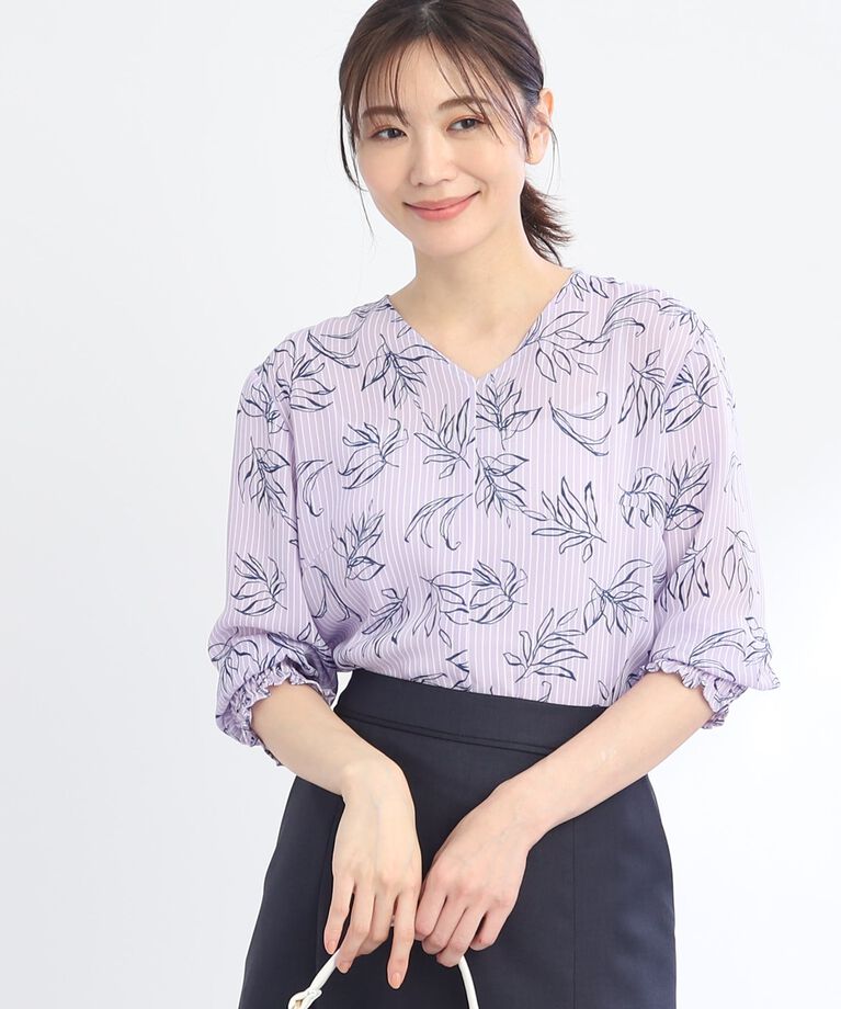 Reflect「【SALE／WEB限定カラーあり／接触冷感／洗える】ストライプ×リーフ柄ブラウス」|シャツ・ブラウス|ﾗﾍﾞﾝﾀﾞｰ(180)