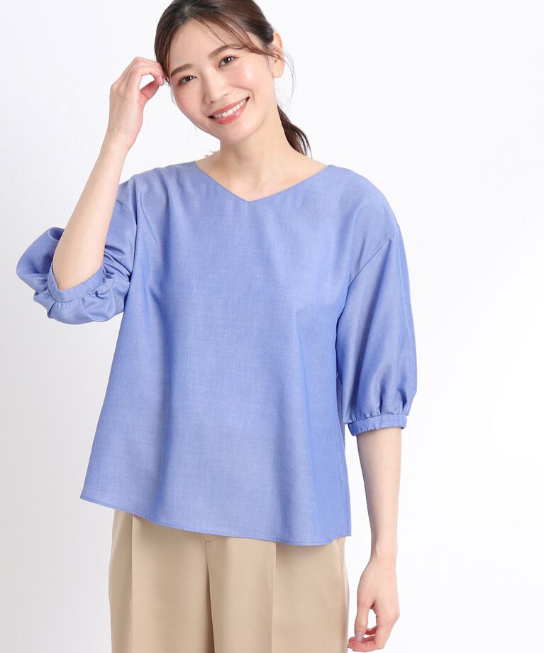 Reflect「【夏SALE／洗える】ふんわりスリーブデニム風ブラウス」|シャツ・ブラウス|