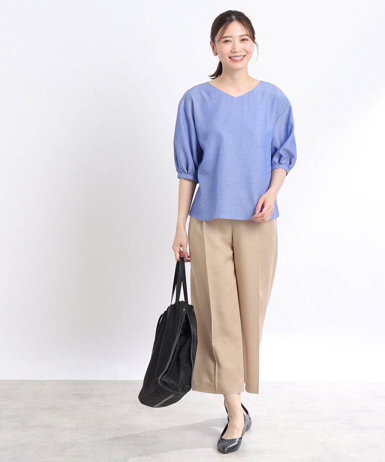 Reflect「【夏SALE／洗える】ふんわりスリーブデニム風ブラウス」|シャツ・ブラウス|