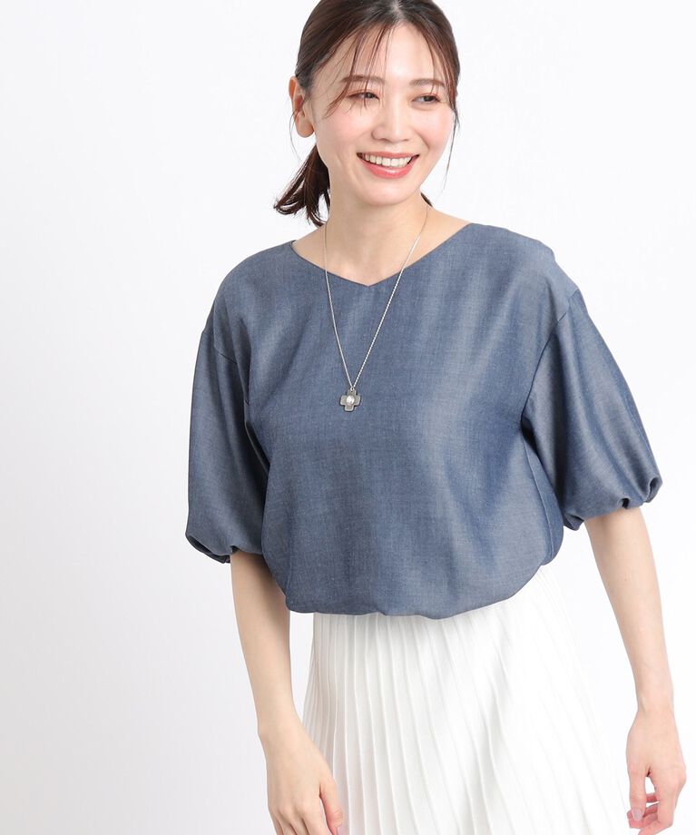 Reflect「【夏SALE／洗える】ふんわりスリーブデニム風ブラウス」|シャツ・ブラウス|