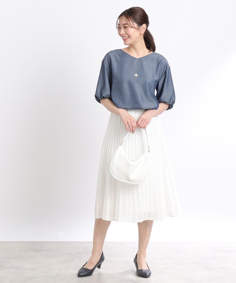 Reflect「【夏SALE／洗える】ふんわりスリーブデニム風ブラウス」|シャツ・ブラウス|