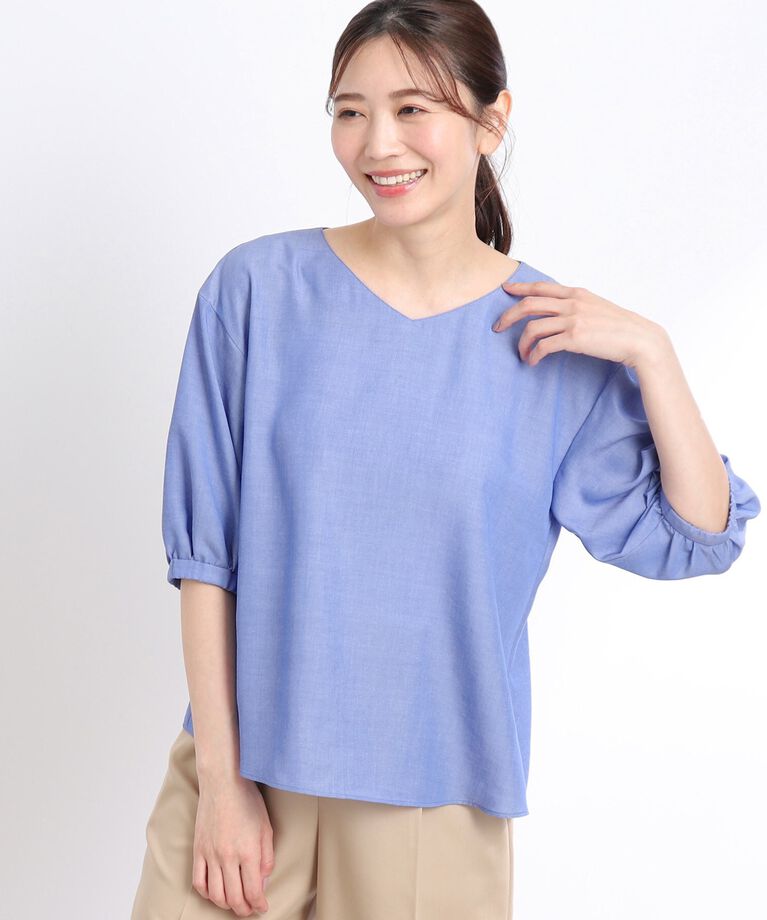 Reflect「【夏SALE／洗える】ふんわりスリーブデニム風ブラウス」|シャツ・ブラウス|