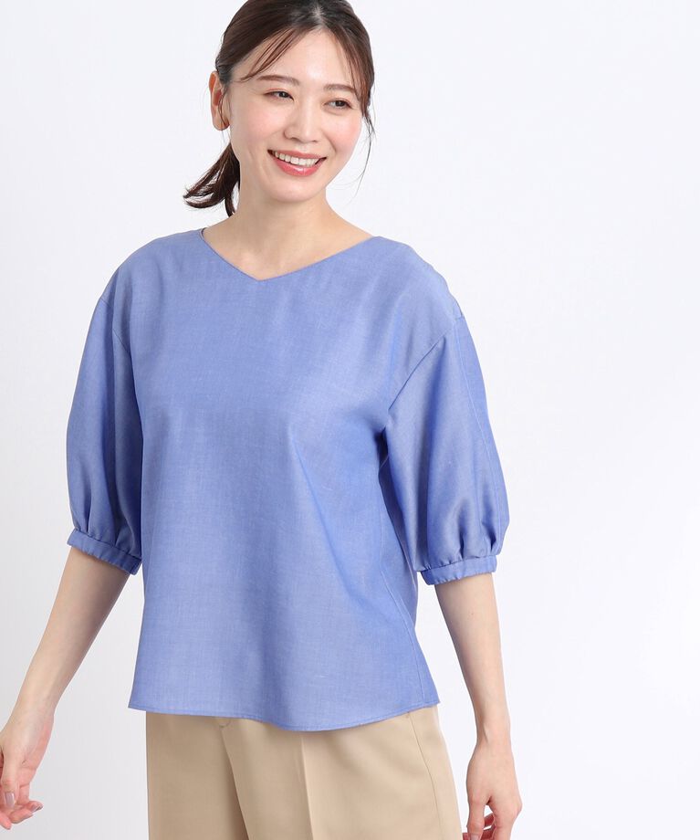 Reflect「【夏SALE／洗える】ふんわりスリーブデニム風ブラウス」|シャツ・ブラウス|ﾌﾞﾙｰ(092)