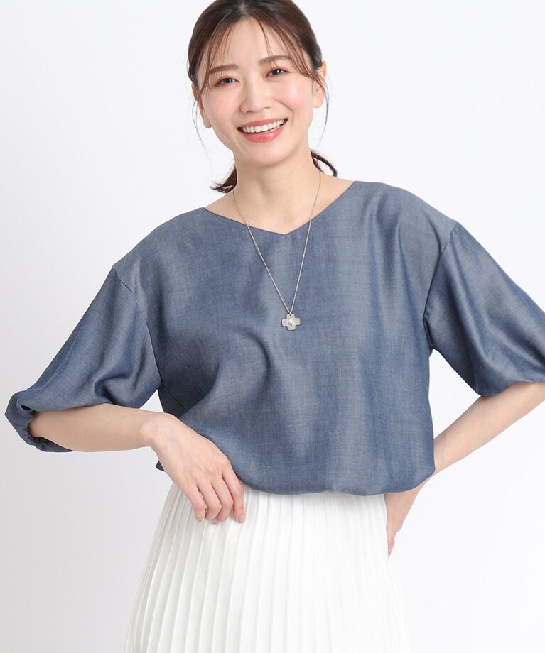 Reflect「【夏SALE／洗える】ふんわりスリーブデニム風ブラウス」|シャツ・ブラウス|ﾈｲﾋﾞｰ(094)